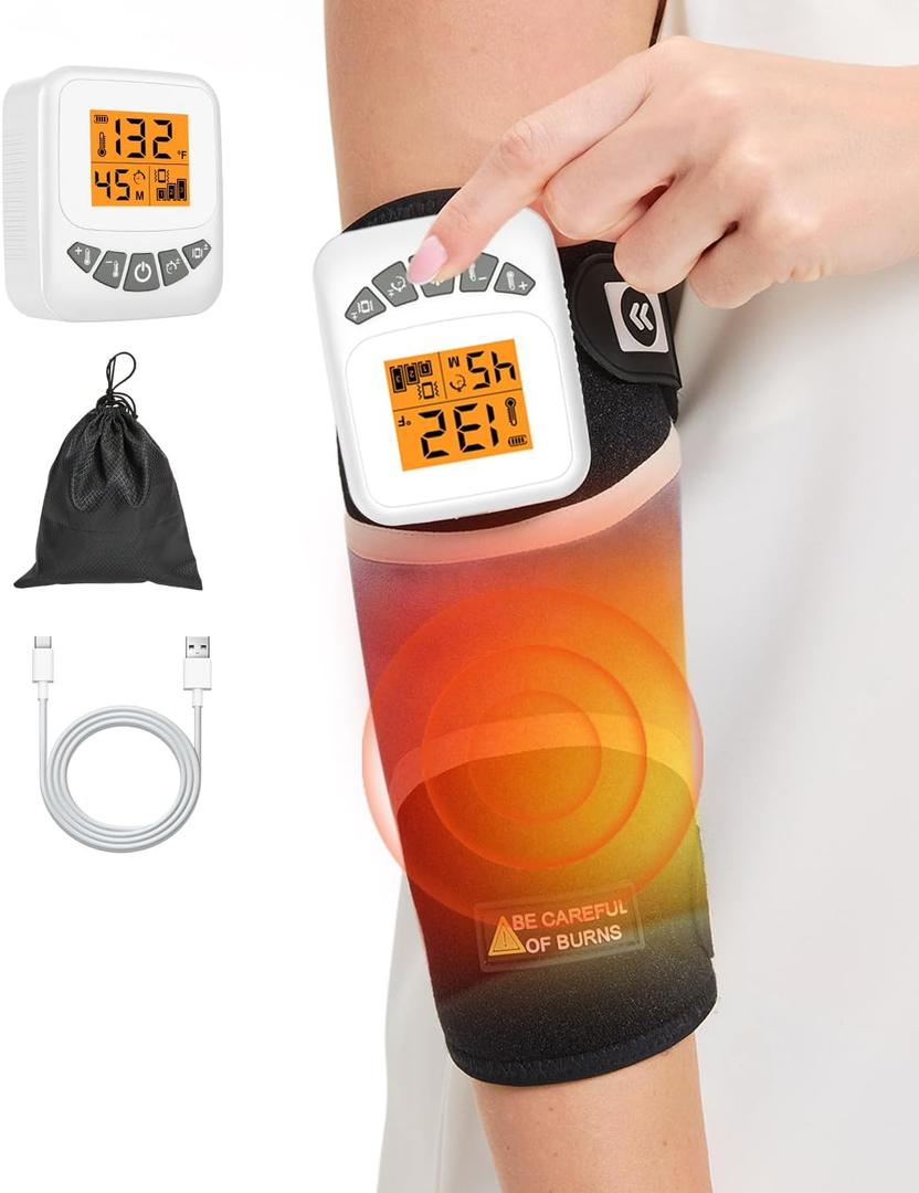 Cordless Elbow Heating Pad for Tennis Elbow Relief, 5000mAh Battery Arm Massager, 3-Level Vibration Massage, 104-140F Adjustable Temp, 30/45/60Mins Timer, Type-C Cable & Storage Bag