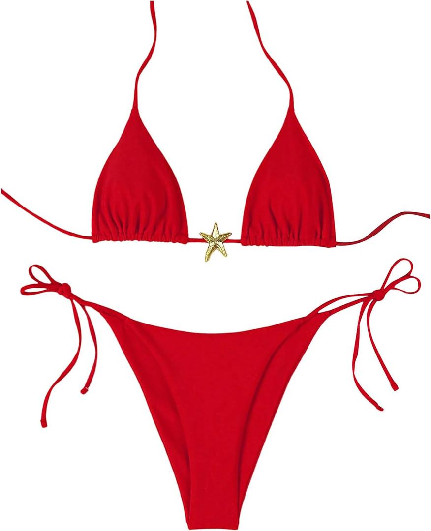 SHENHE Women's Triangle String Bikini Set 2 Piece Halter Swimsuits Starfish Metal Linked Swim Set (Red) M