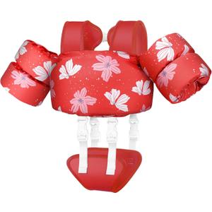 Vvinca Toddler Swim Vest for Kids 13-30lbs Boys Girls Puddle Kid Jumper Toddlers Pool Floaties Jacket with Adjustable Crotch Strap Sleeves Shoulder for 1-3 Yrs Old Baby Infant Learn to Swim (04-Red Flower)