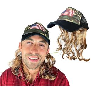 Watt's Wigs - Mullet Hat with Hair - Hillbilly Camo Trucker Cap with Wig - Fits Kids and Adults (Brown)