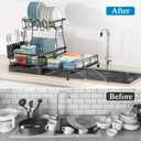 2 Tier Dish Drying Rack, Large Extendable Dish Racks for Kitchen Counter or Over Sink, Dishrack with Drainboard, 2-in-1 Anti-Rust Stainless Steel Dish Drainer with Utensil Holder & Cup Holder (Black)
