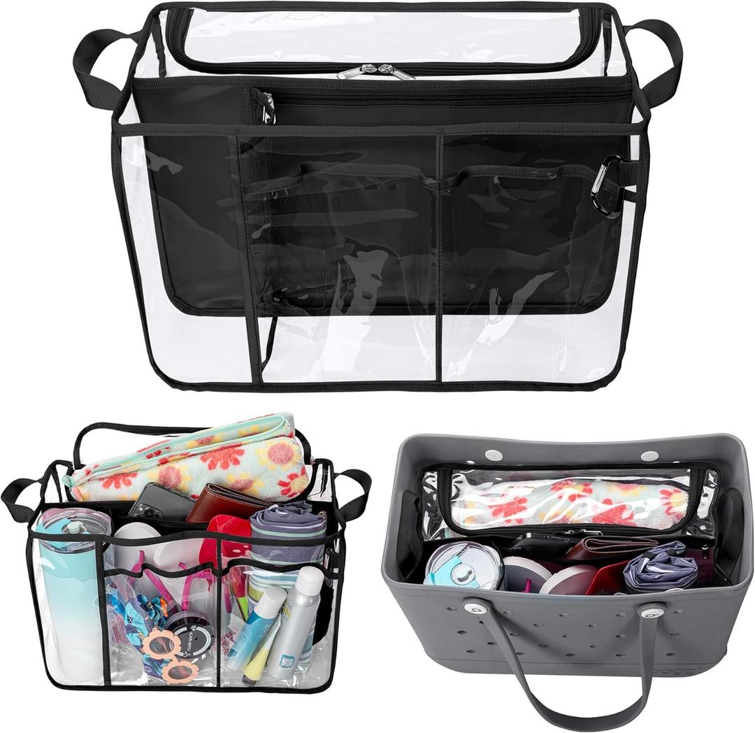 Clear Beach Bag Organizer Insert Compatible with BOGG BAG Original X Large, Zipper Organizer Liner Compatible with BOGG BAG Original X Large, Insert Divider Pouch with 2 Compartments, Black