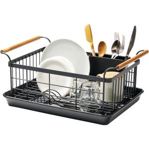 YAMAZAKI Home Dish Drying Rack – Modern Black Dish Rack for Kitchen Counter with Removable Drainer Tray and Cutlery Holder, Steel + Wood Dish Drying Organizer, Small Space-Saving Design, 13.2 x 18.5 x 7.9 inches