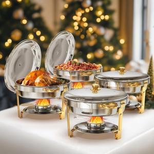 Gold & Silver Chafing Dishes for Buffet (5QT, 4 Pack) - Food-Grade Stainless Steel Chafers and Buffet Warmers Sets with Lid Holder, Rolled Edge Design, for Party, Banquet