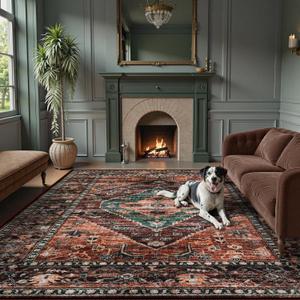 Lahome 8x10 Ultra-Thin Living Room Rug Non-Slip Washable Non-SheddingOriental Vintage Distressed Carpet for DiningBedroomOffice (Dull Teal)