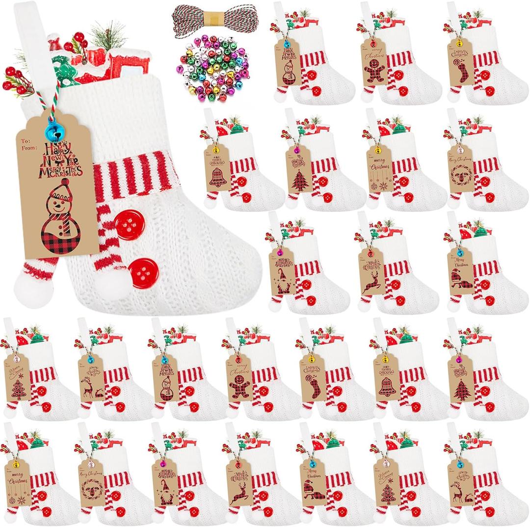 Glimin 24 Set Mini White Christmas Stockings Set with Red White Striped Scarf and Buttons 6 Inch Faux Fur Xmas Hanging Stocking Bulk Small Plush Xmas Stocking with Christmas Kraft Gift Tags