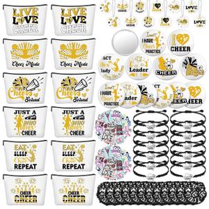 Lyrow 160 Pcs Cheerleader Gifts Bulk for Team Cheer Scrunchies Hair Ties Makeup Bag Cheer Mirror Bracelet Keychain Sticker for Christmas Cheerleader Gift Back to School(Gold)