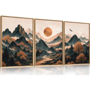 Celestdeco Large Boho Mountain Framed Canvas Wall Art Set, Brown Ridge Landscape Wall Decor, Pine Tree Scenery Wall Painting, Abstract Wilderness Art Print for Living Room, Bedroom, Office - 24"X36"X3