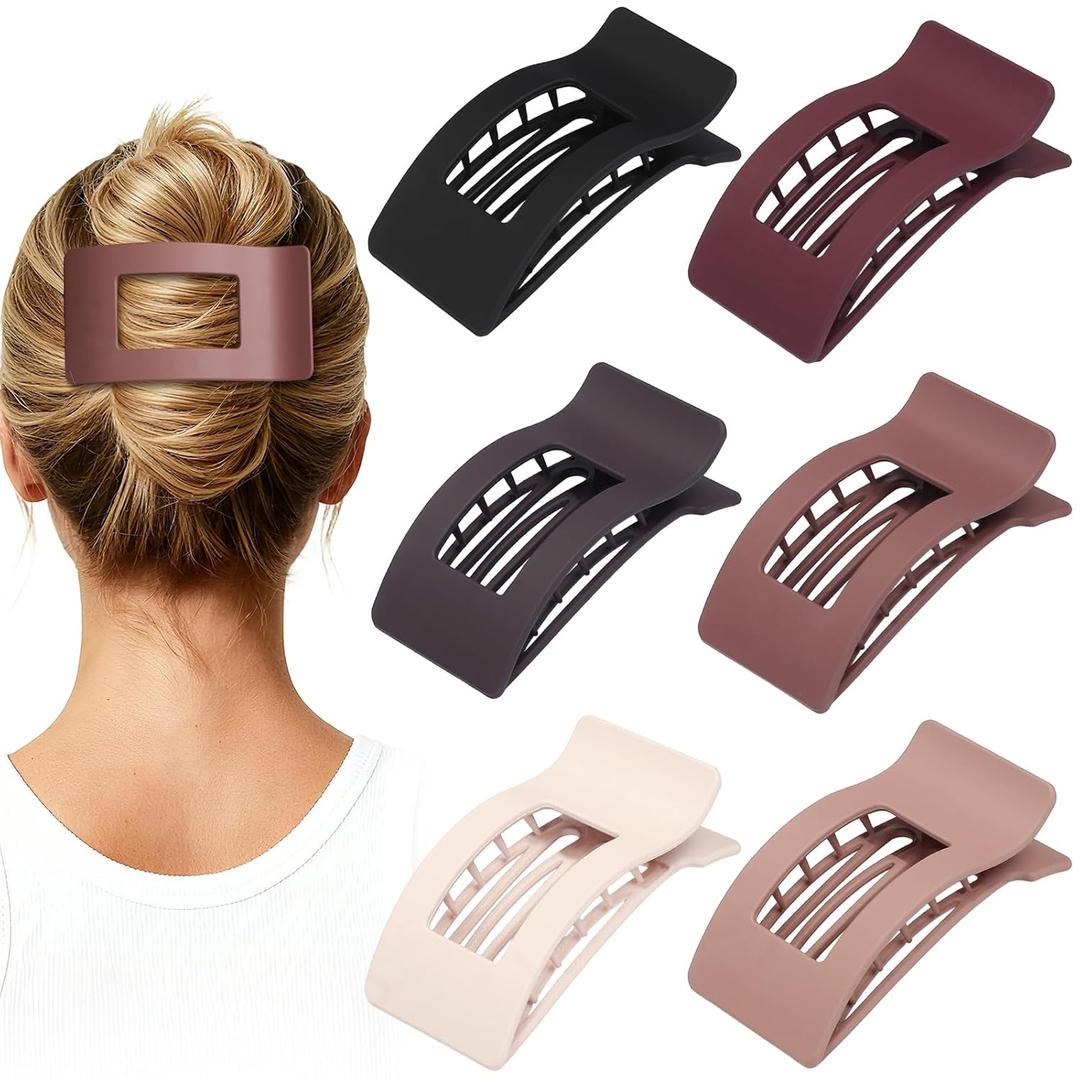 French Flat Hair Clips for Women 6pcs Hair Claw Clips for Thick or Thin Hair Matte Claw Clips for Girls Barrettes Non-Slip Strong Hold Hair Accessories for Women (Brown Scarlet)