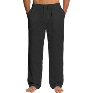Men's Casual Linen Pants Loose Fit Drawstring Waist Lightweight Men Linen Summer Beach Long Pants Yoga (Black, Small)