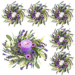 6 Pcs Mini Lavender Candle Rings Wreaths Purple Daisy Pillar Holder Small Wreath Artificial Wild Flower Spring Summer Floral Wreath for Farmhouse Porch Front Door Cabinets Table Decoration