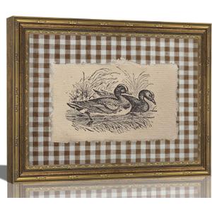 Vintage Gold Framed Wall Art Vintage Duck Wall Art Rustic Farmhouse Brown Gingham Duck Wall Decor Picture Country Cottage Illustration Poster Print Artwork for Living Room Bedroom 9x11in