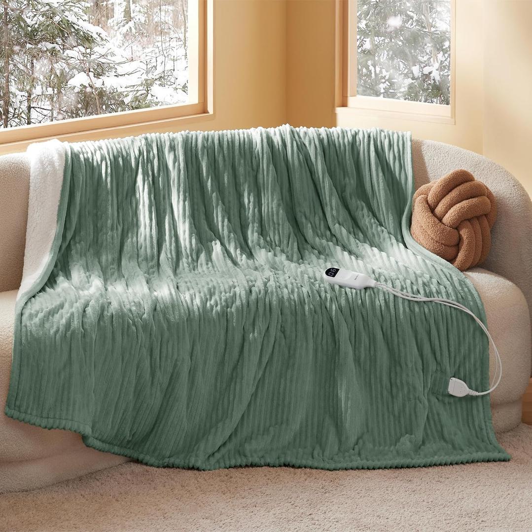 Bedsure GentleSoft Electric Blanket Full Size - Soft Ribbed Flannel Heated Blanket with 6 Heat Settings, Heating with 10 Time Settings, 8 hrs Timer Auto Shut Off, Gifts for Grandma (72"x84", Green)