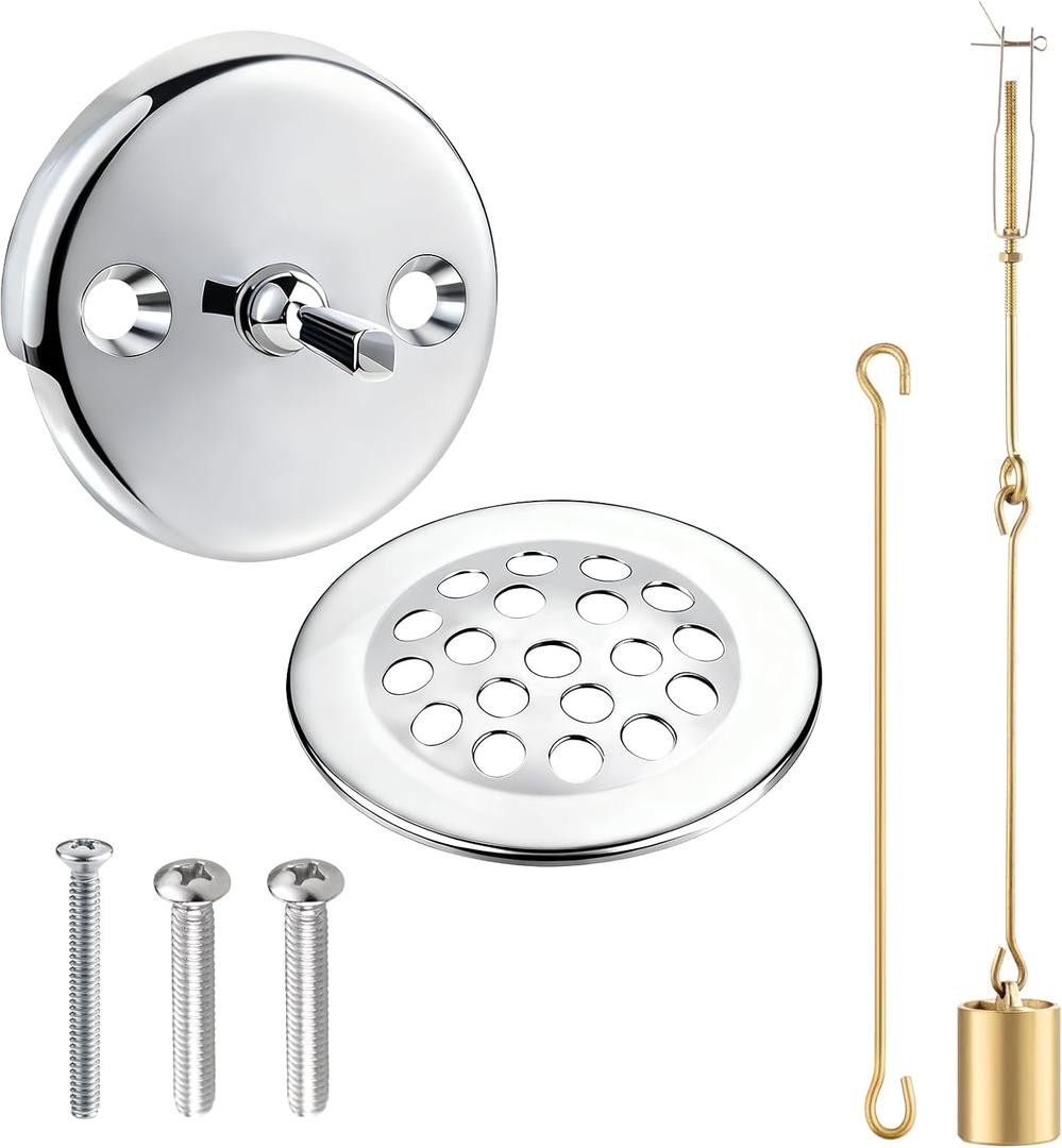 Bathtub Drain Linkage Replacement with Trip Lever Linkage and Faceplate, Strainer Cover, Tub Drain Kit for Trip Lever Bath Tub Waste and Overflow Drain, Chrome