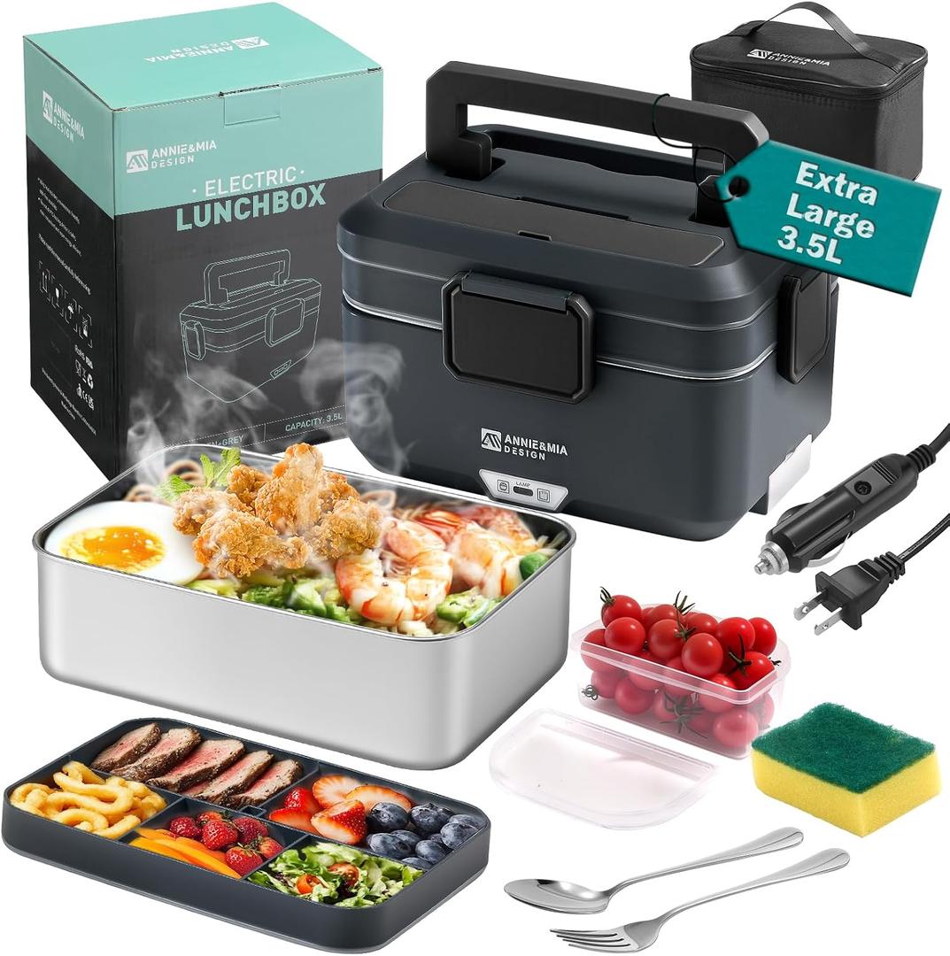 Annie & Mia Design Electric Lunch Box for Adults, 100w 3.5L 2-Layer Portable Food Warmer, Dual Mode 2.5L + 1L Heated Lunch Box for Adults, Home/Car/Office/Truck Use, Lonchera Elctrica Porttil