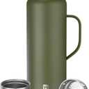 Insulated Vacuum Thermo Bottle 1000ml/33.8oz with Cup Stainless Steel Coffee Bottles for Hot and Cold Drink Water Flask(Green, with Handle, 1000ml)