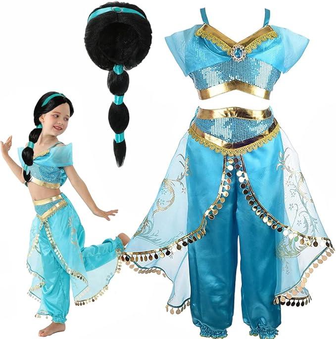 Girls Jasmine Arabian Princess Jasmine Cosplay Costume with Wig - Halloween Party Dress Up for Kids (100)