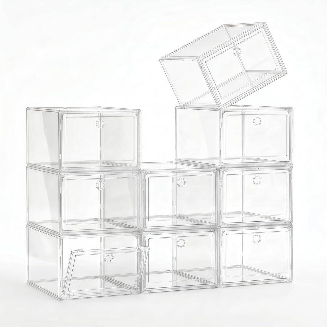 Clear Shoe Storage Boxes 9 Pack, Stackable Bins with Magnetic Doors | Thickened clear plastic folds flat when unused, while front-opening doors provide quick access in closets or entryways.