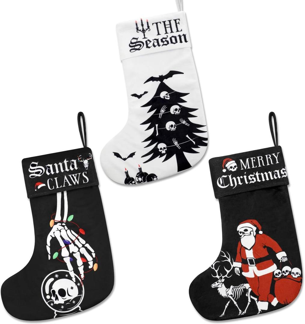Vansolinne Black Gothic Christmas Stocking 17 Inches Xmas Stockings 3PCS Fireplace Hanging Flannel Large Plush Socks Goth Christmas Decor Holiday Hanging Ornament Gift Bag Xmas Santa Decor