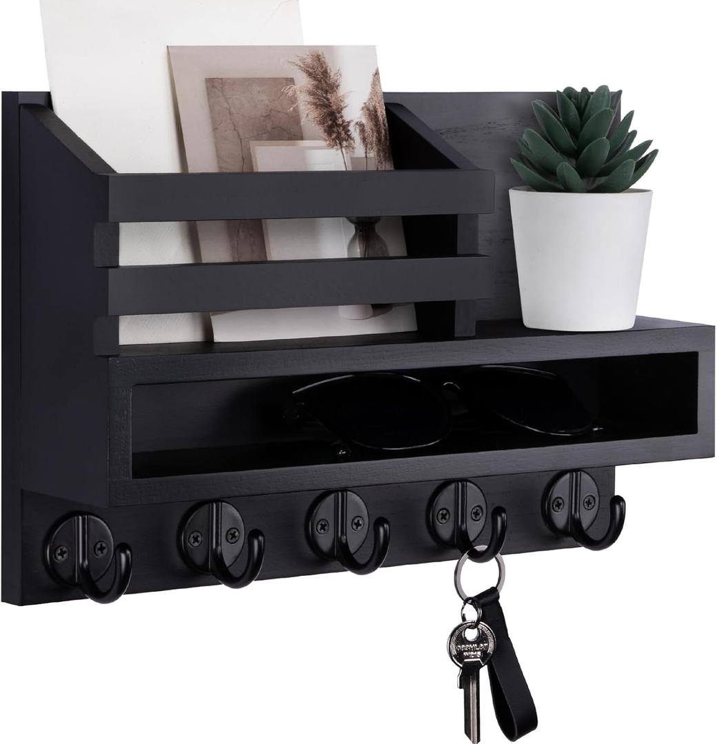 Key and Mail Holder Wall Mount, Key Hanger with Long Storage Box and 5 Hooks for Coat, Dog Leash, Home Decor Rack, House Accessories, Entry Way Organizer 11.8W x 7.8H x 3.2D (Black)