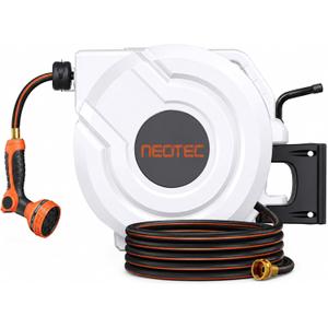 NEO-TEC 115ft 5/8" Retractable Garden Hose Reel with Auto Rewind Any Length Lock Heavy Duty Hose Reel,9-Pattern Nozzle,180Swivel,UV Resistant Wall Mount Hose Reel for Outdoor Garden Car Patio