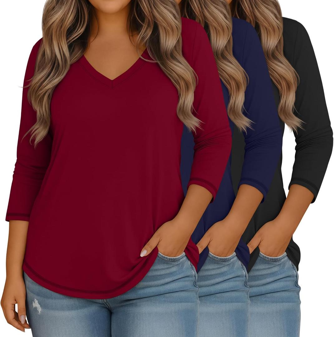 Evervibe 3 Pack Women's Plus Size Tops | 3/4 Length Sleeve, V Neck T-shirts, Loose Fit, Casual, Basic Tees, for Ladies, Size X