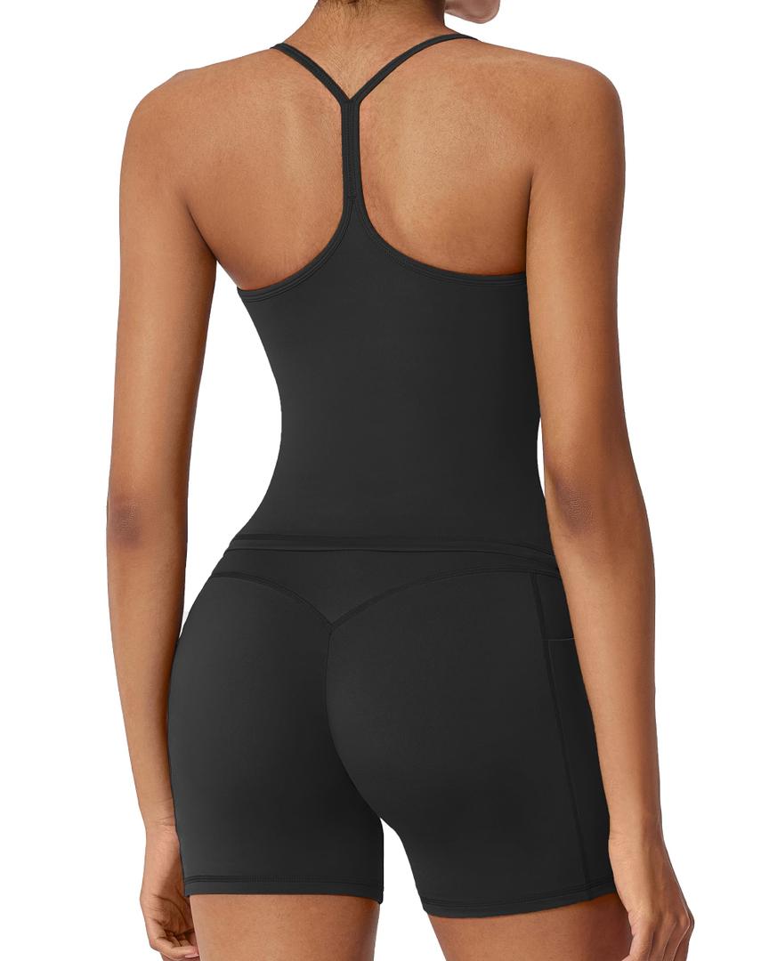 RXRXCOCO Women 2 Piece Workout Sets Y Back Padded Tank Tops Booty Biker Shorts with Pockets Gym Outfits Black X-Small (XS)
