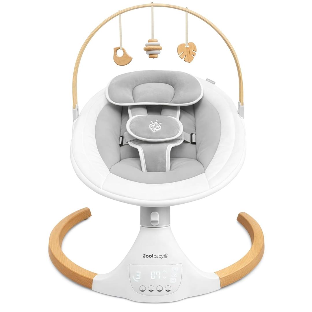 Jool Baby Nova Nature Baby Swing for Newborns with Natural Wood Toys, Electric Motorized Infant Swing, Bluetooth Music, Remote (Gray)