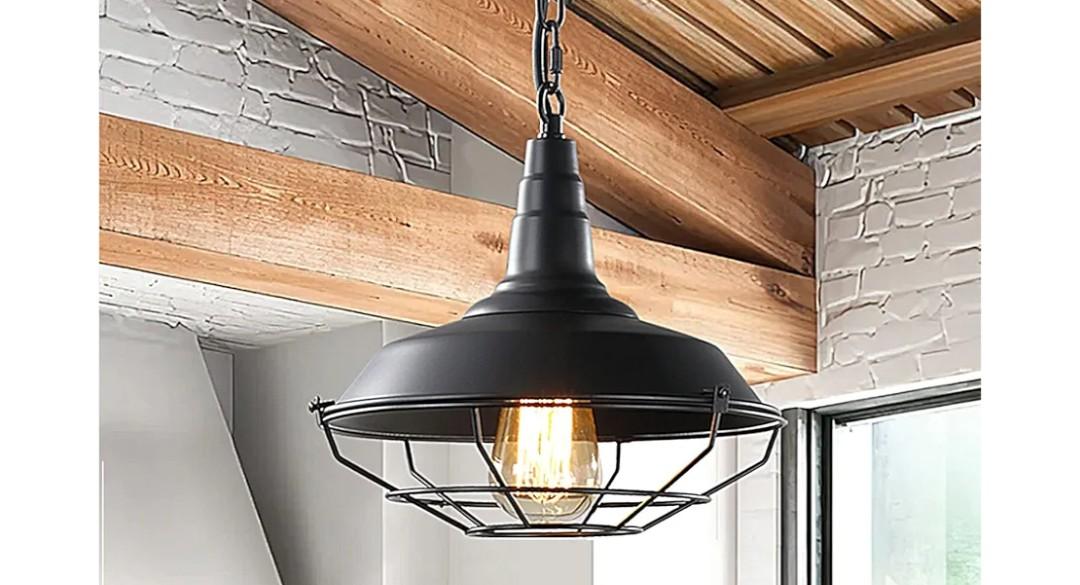 Industrial Pendant Lights 1 Pack Farmhouse Pendant Lights with Adjustable Chain, D10.2 Rustic Pendant Lighting Barn Black Metal Hanging Lights with Wire Cage for Kitchen Island Dining Room