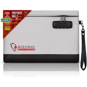 ROLOWAY Fireproof Money Bag with Lock for Cash, 6400°F Fire Proof Document Bag (12.2 x 8.5 x1.6 inches), Money Pouch with Zipper (Gray)