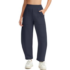 Womens Baggy Wide Leg Pants Barrel Leg Sweatpants Casual Elastic Waisted Stretch Travel Pants with Pockets (Medium, Navy Blue)