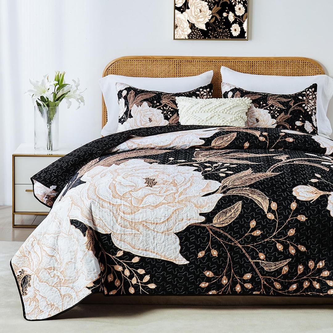 Yogeneg King Size Quilt Set,White Gold Floral Botanical Pattern Black Bedding Set,3 Piece Lightweight Soft Summer Bedspread Coverlet with 2 PIillow Sham for All Season(Black Floral,110"x96")