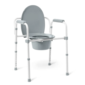 Medline 3-in-1 Steel Bedside Commode, Elongated Seat, Sturdy Folding Frame, 7.5 QT. Bucket, 350 lb. Weight Capacity, Clip-on Seat, Easy Cleaning, Tool-Free Assembly, Gray