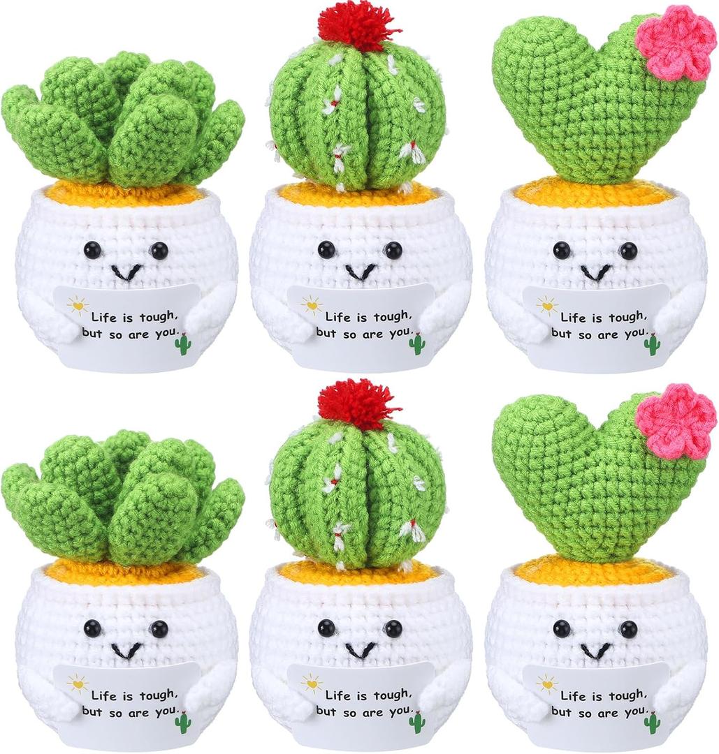 6 Pcs Crochet Cactus Teacher Gifts for Women Life is Tough But So are You Positive Cactus Crochet Animals Get Well Gifts Emotional Inspirational Support with Card for Women Desk Decor