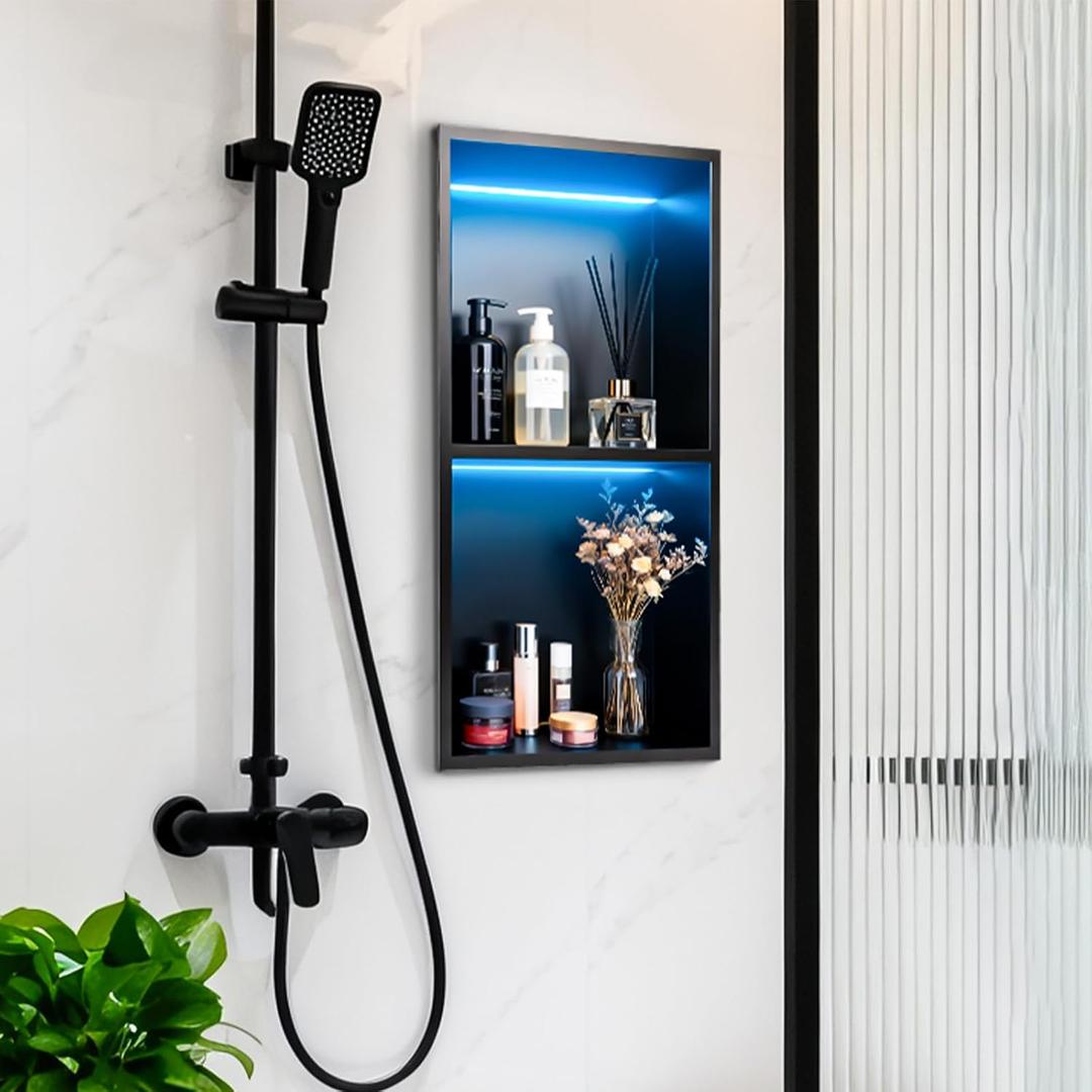WICHEMI Shower Niche No Tile Needed for Bathroom Storage, Shower Niche RGB LED Lights Waterproof Recessed Wall Niche 12" X 24" Double Shelves 304 Stainless Steel Bathroom Niche for Shower Wall
