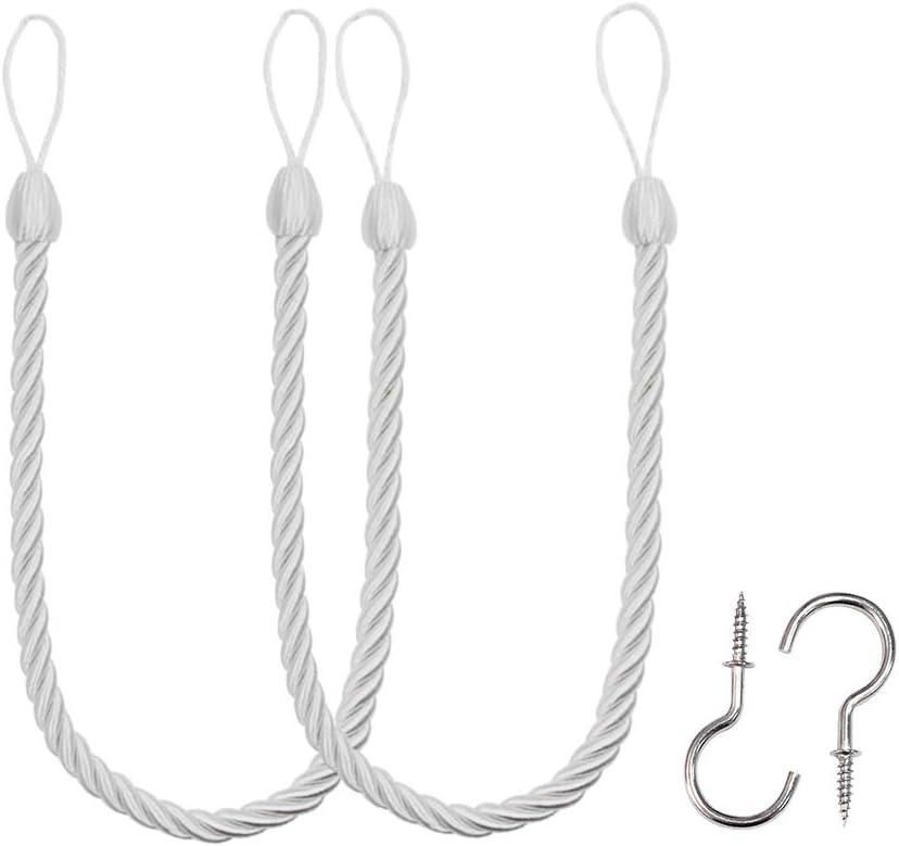 BEL AVENIR Curtain Ropes Tiebacks Tie-Backs, Curtain Handmade Holdbacks with 2 Metal Screw Hooks - White 2 Pack