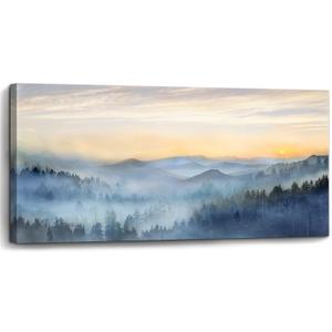 Wall Decor for Living Room Sunrise Misty Forest Print Picture Paintings Wall Art for Bedroom Bathroom Framed Large Canvas Artwork Modern Room Wall Decorations Size 60x30 inches Ready to Hang (Blue)