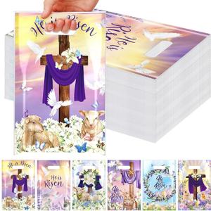 Kolldenn 120 Pcs Easter Bags Bulk He Is Risen Party Favor Treat Bags Easter Religious Cross Bunny Plastic Gift Packages with Handles Goodie Packaging for Theme Bible School Hunt Party Supplies