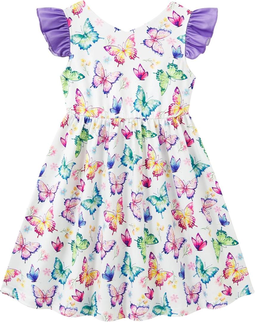 ALISISTER 2-7T Toddler Girl V Neck Dresses Summer Flutter Sleeve One-piece Frock (3-4T, A1 Purple)