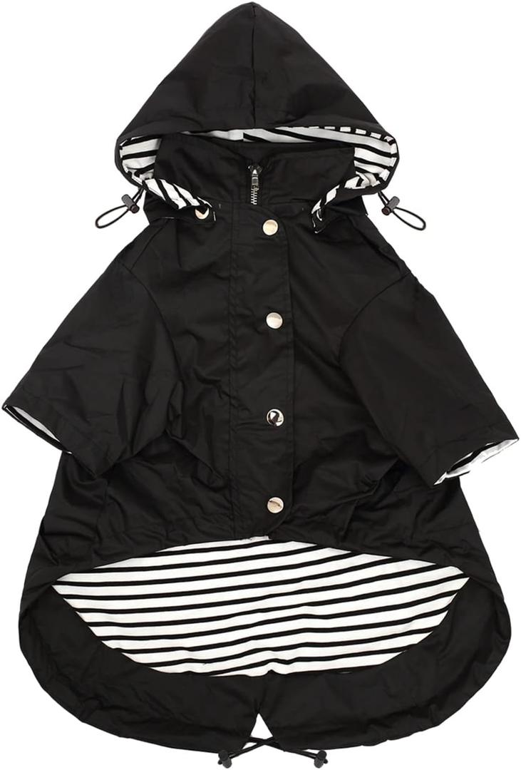 Morezi Dog Zip Up Raincoat with Reflective Buttons, Rain/Water Resistant, Adjustable Drawstring, Removable Hood, Raincoats with Legs 8lbs to 80lbs , Black - M