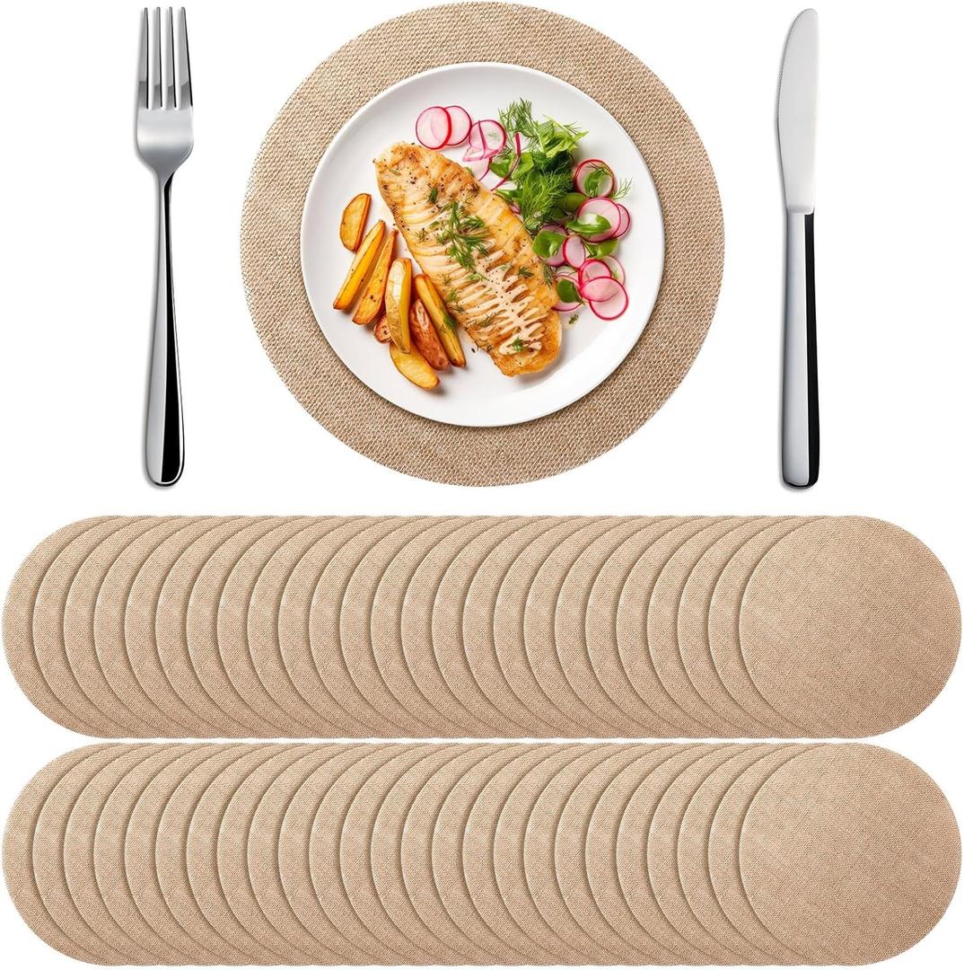 Mifoci 100 Pieces Fall Burlap Placemats, Burlap Round Reusable Placemats Brown Table Mats Circle Rustic Table Decorations for Wedding Christmas Dinner Holiday Farmhouse Supplies (15.75 Inche)