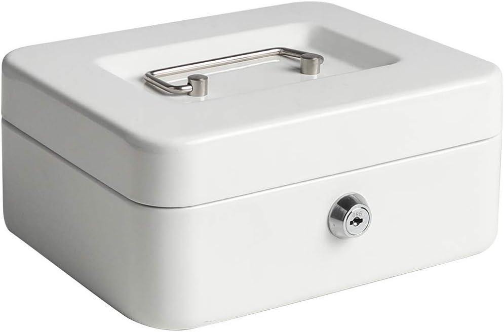 Jssmst Caja pequea con cerradura de llave - Caja de metal duradera con bandeja de dinero blanca, CB0105M (White)