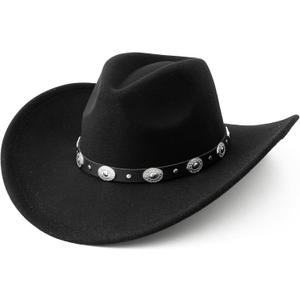 Lanzom Women Men Felt Wide Brim Western Cowboy Hats Belt Buckle Panama Hat (Medium-Large, Black)