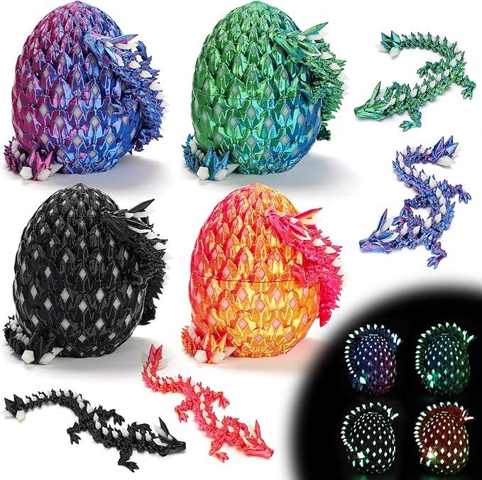 4 Pcs 3D Printed Dragon Glow in The Dark with Eggs, Dinosaur Eggs Fidget Toys for Kids, Birthdays, Christmas, Halloween Decorations Gifts Indoor Outdoor for Girls Boys