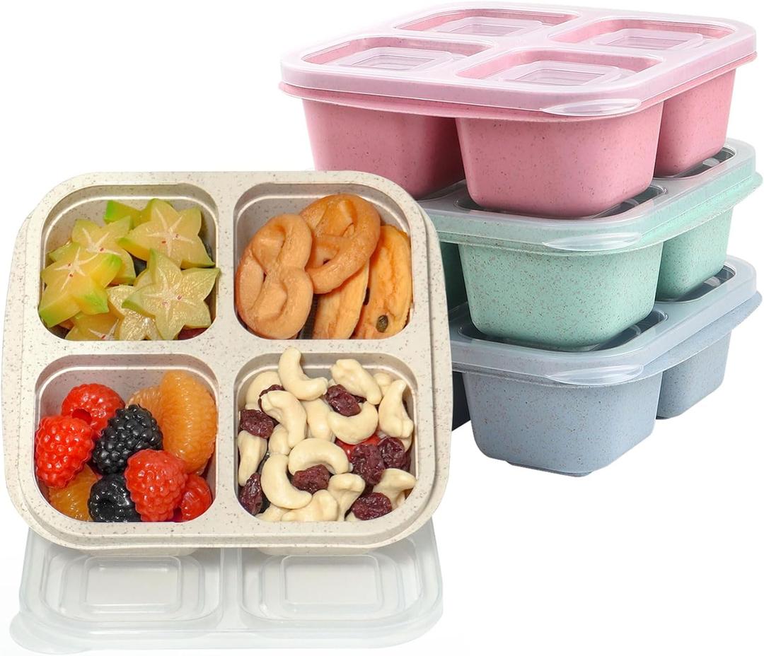 4 Pack Snack Containers, Divided Bento Snack Box, 4 Compartments Reusable Meal Prep Lunch Containers for Kids Adults, Food Storage Containers for School Work Travel