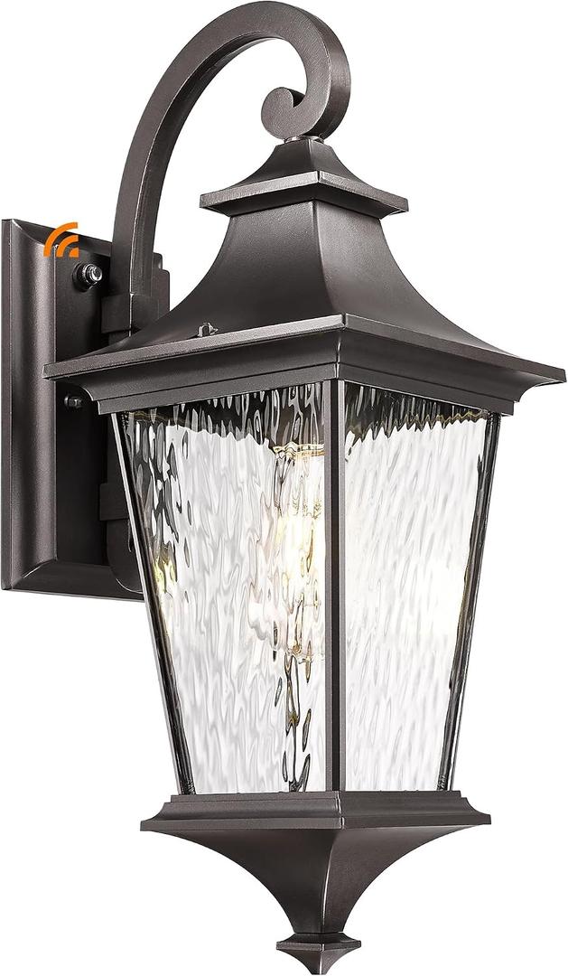 Emliviar Dusk to Dawn Outdoor Porch Light, 21.1" Exterior Wall Mount Lamp for Doorway, Patio Wall Lantern with Water Ripple Glass, Oil Rubbed Bronze Finish, XE292B-M-PC ORB SW, Medium - 1 Pack - Dusk to Dawn