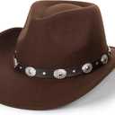 Women & Men Felt Western Cowboy Hat Classic Roll Up Brim Belt Buckle Cowgirl Fedora (M) (Coffee)