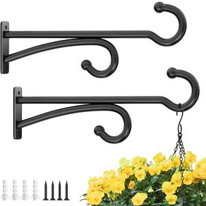 14" Plant Hanger Hook Outdoor Indoor  Planter Hooks for Hanging Plants, Plant Wall Hooks, Brackets for Hanging Plants, Baskets, Wind Chimes, Bird Feeders, Lanterns, Bird Houses (Black, Metal, 2-Pack)