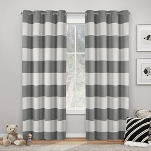 EXCLUSIVE HOME Sateen Rugby Striped Kids Twill Woven Room Darkening Blackout Grommet Top Curtain Panel Pair, 52"x96", Charcoal