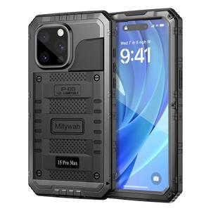 Mitywah Wateproof Case for iPhone 16 Pro Max, Heavy Duty Metal Cover for Swimming and Outdoor Adventures, Military Grade Shockproof Full Body Phone Case with Built-in Screen Protector, 6.7", Black